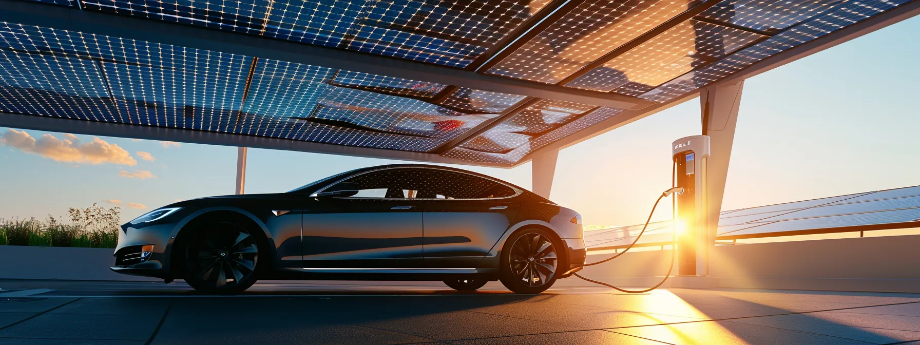 a sleek electric car charging under a solar panel canopy, symbolizing the shift towards sustainable energy in transportation.