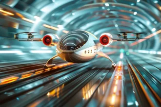 a sleek, futuristic hyperloop train speeding through a glass tunnel with drones zipping overhead.