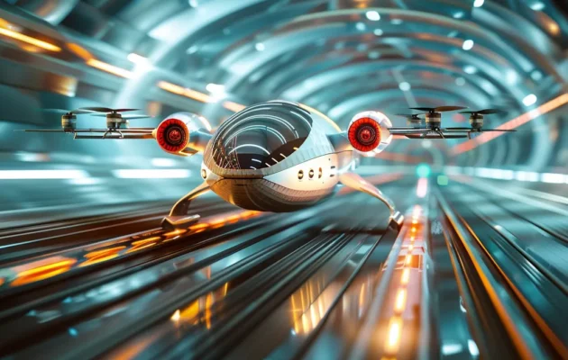 a sleek, futuristic hyperloop train speeding through a glass tunnel with drones zipping overhead.