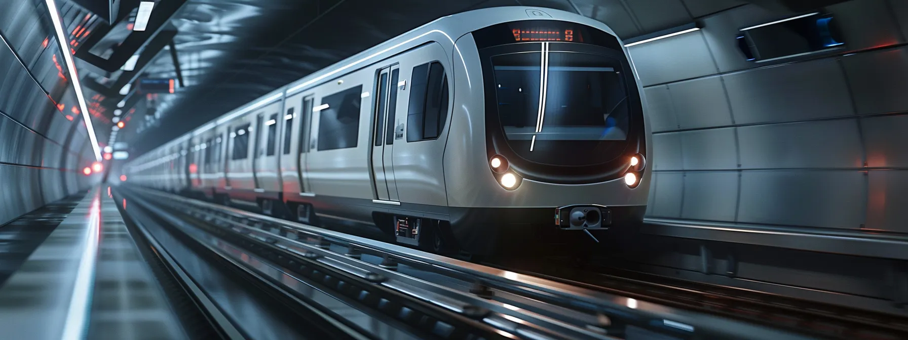 a sleek, modern subway train speeding through a tunnel illuminated by artificial light, showcasing the advanced technology and infrastructure of underground transportation networks.