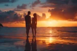 a smiling couple standing in front of a stunning sunset on a tropical beach, feeling secure knowing they have travel insurance.