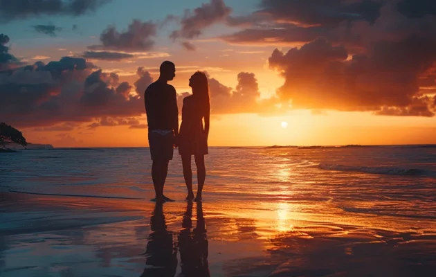 a smiling couple standing in front of a stunning sunset on a tropical beach, feeling secure knowing they have travel insurance.