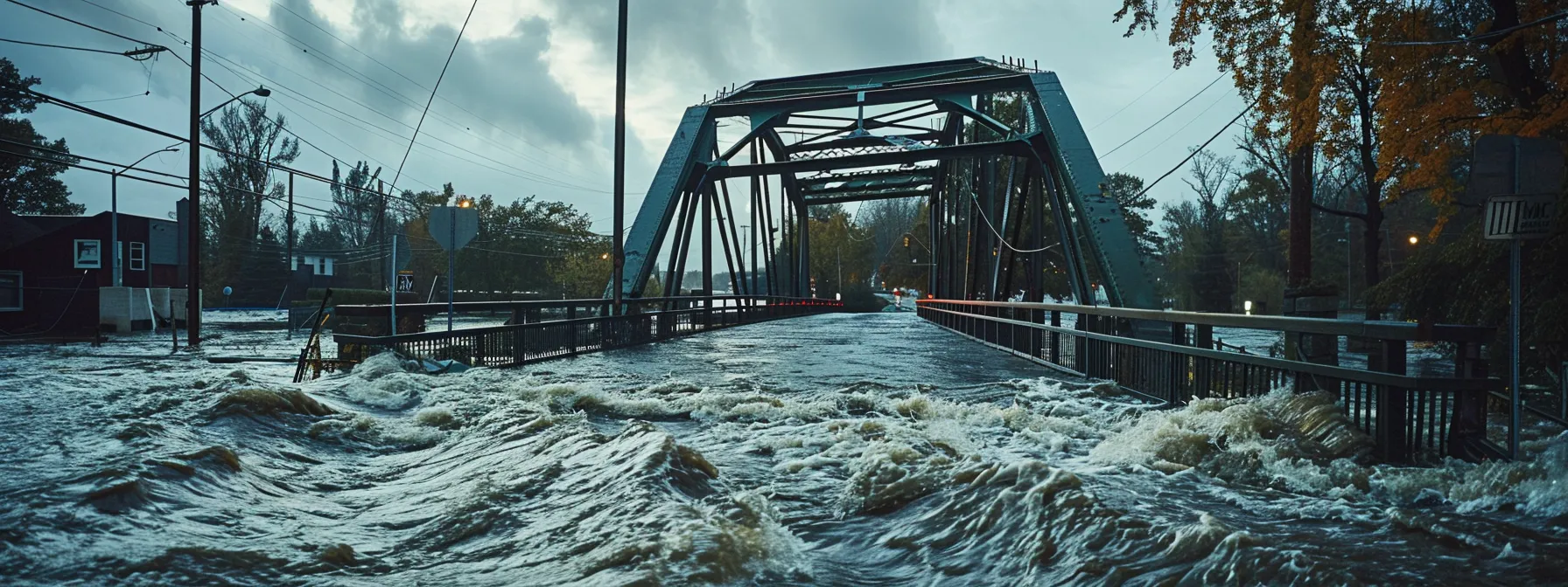 a sturdy bridge withstanding a raging flood, highlighting the importance of climate-resilient infrastructure.