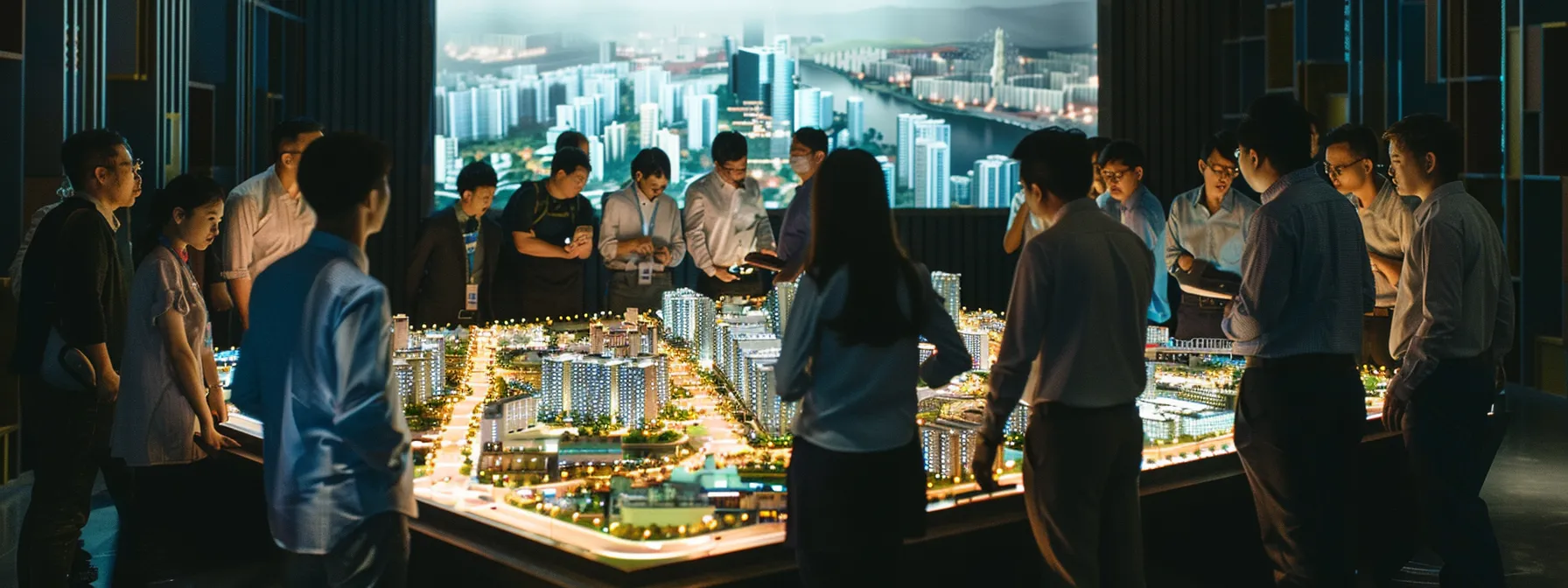 a team of engineers and urban planners gathered around a futuristic model city showcasing sustainable infrastructure projects.