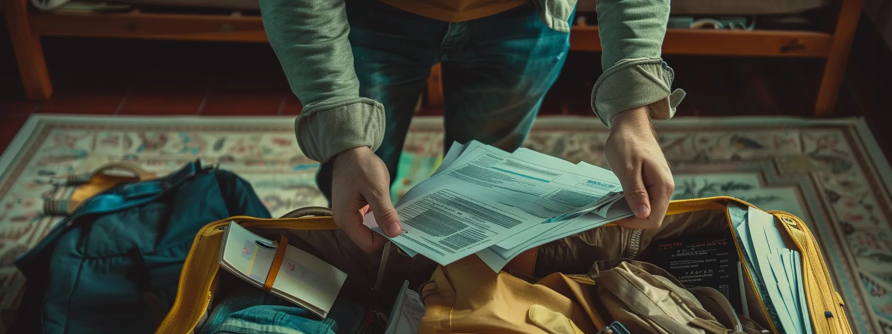 a traveler carefully packing a suitcase with travel insurance documents and embassy registration forms for a trip to jamaica in 2024.