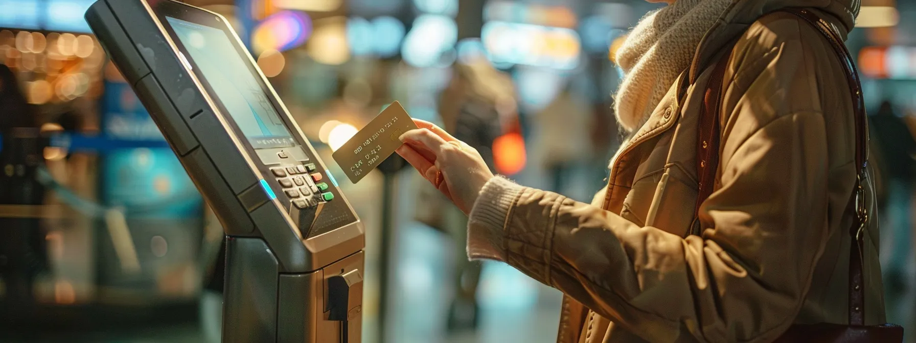 a traveler confidently swiping a chip and pin travel card at a secure payment terminal, surrounded by a glow of security features.