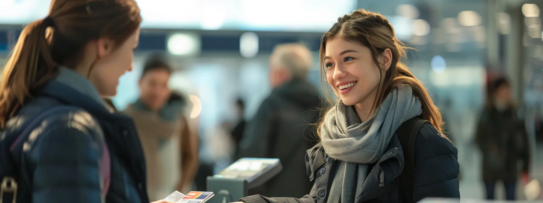 a traveler confidently using a travel card with a smiling customer service representative assisting them in a modern, bustling airport lounge.