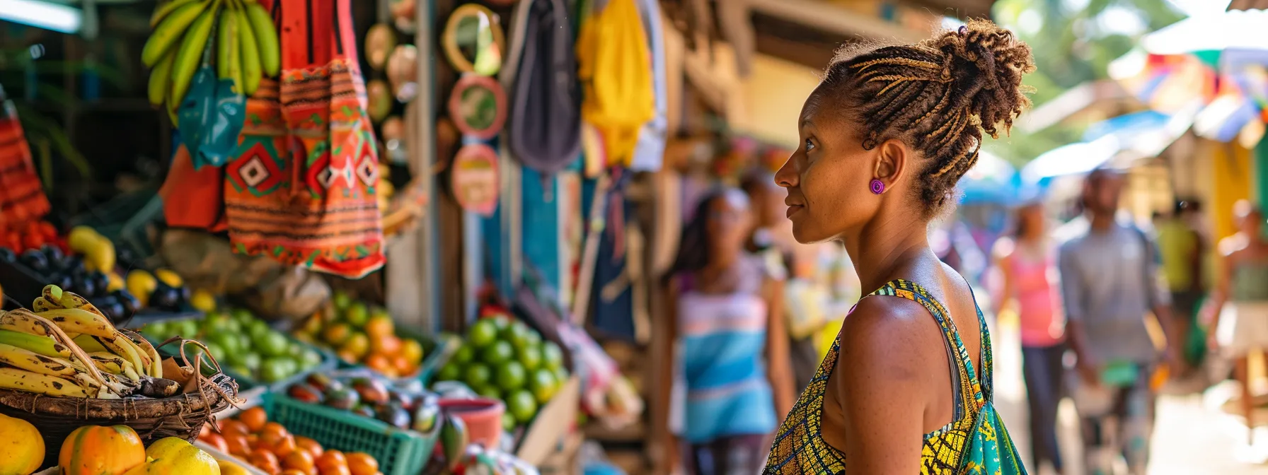 a traveler in jamaica staying alert while exploring vibrant local markets, surrounded by colorful fruits and crafts, with a friendly local guide by their side.