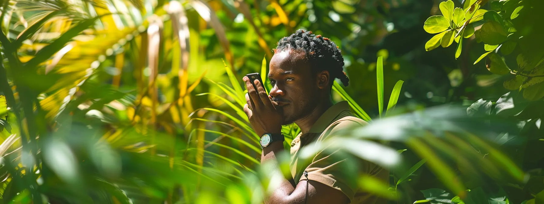 a traveler in jamaica swiftly contacting local authorities for emergency assistance, surrounded by vibrant tropical foliage.