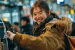 a traveler smiling while effortlessly swiping a travel card at a bustling train station ticket gate.