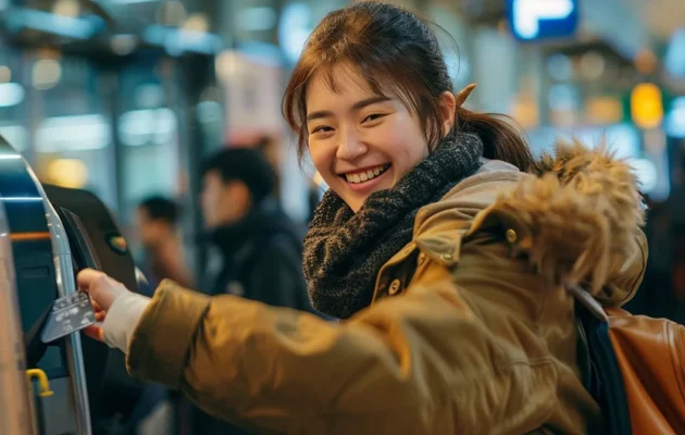 a traveler smiling while effortlessly swiping a travel card at a bustling train station ticket gate.