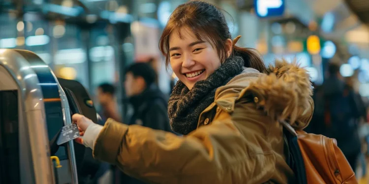 a traveler smiling while effortlessly swiping a travel card at a bustling train station ticket gate.