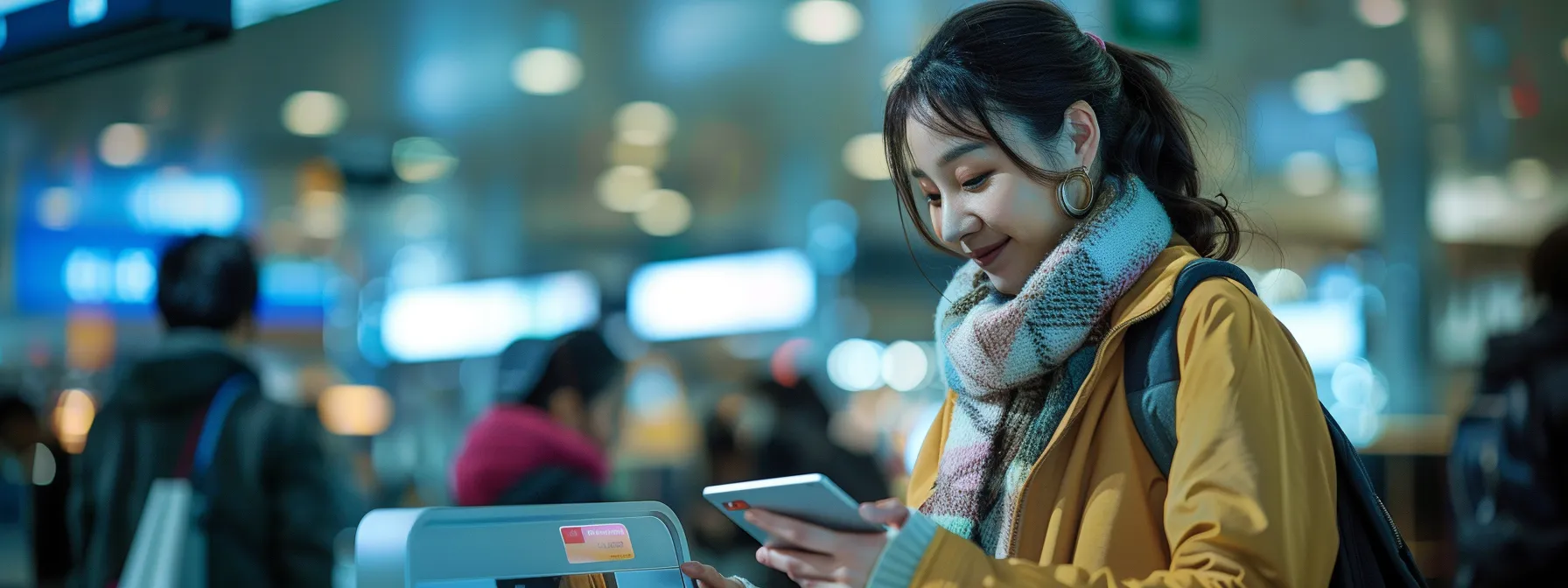 a traveler smoothly making a contactless payment with a travel card at a bustling international airport.