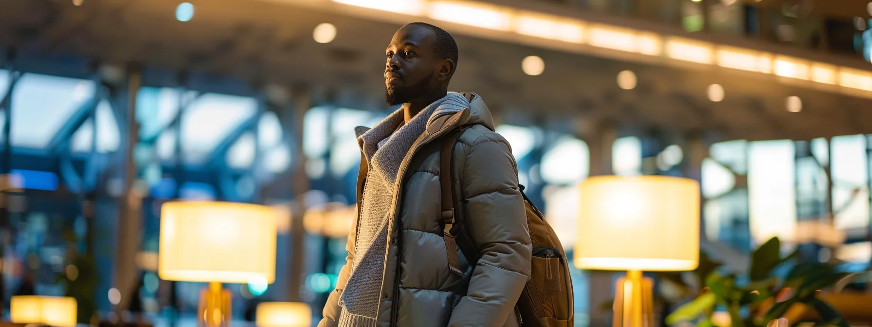 a traveler standing in an airport lounge, surrounded by luxurious amenities and exclusive travel discounts, holding a travel rewards card in hand.