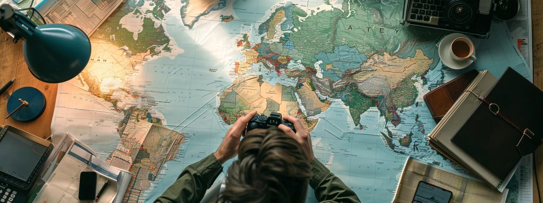 a traveler surrounded by maps, security officers, and organizational guidelines, creating a personalized briefing schedule for international trips.