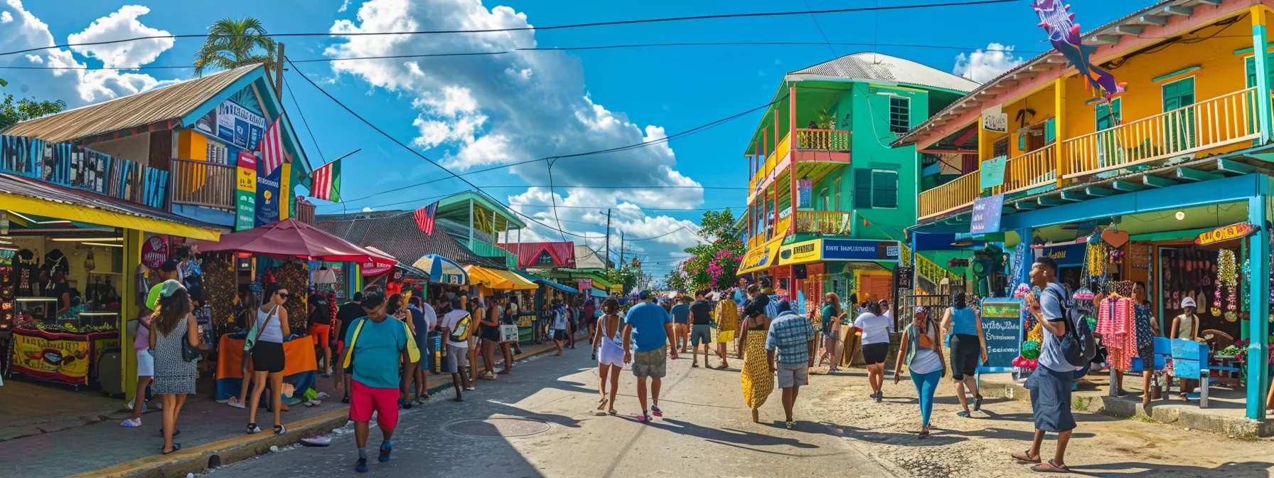 a vibrant and bustling travel to jamaica, with tourists carefully navigating through the colorful market stalls and local vendors, showcasing the contrasting elements of safety concerns and thriving tourism in 2024.