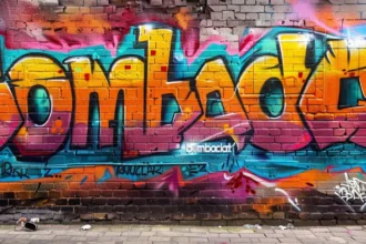 vibrant graffiti artwork of the word "bombaclat" splashed across a brick wall in a gritty urban alleyway.