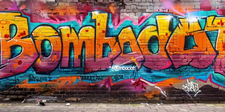 vibrant graffiti artwork of the word "bombaclat" splashed across a brick wall in a gritty urban alleyway.