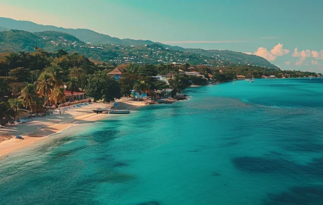 a vibrant jamaican beach with crystal clear turquoise waters and palm trees swaying in the warm tropical breeze, inviting you to explore its beauty.