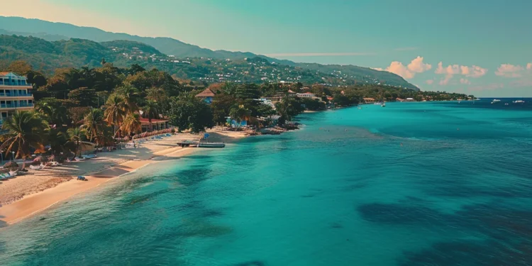 a vibrant jamaican beach with crystal clear turquoise waters and palm trees swaying in the warm tropical breeze, inviting you to explore its beauty.