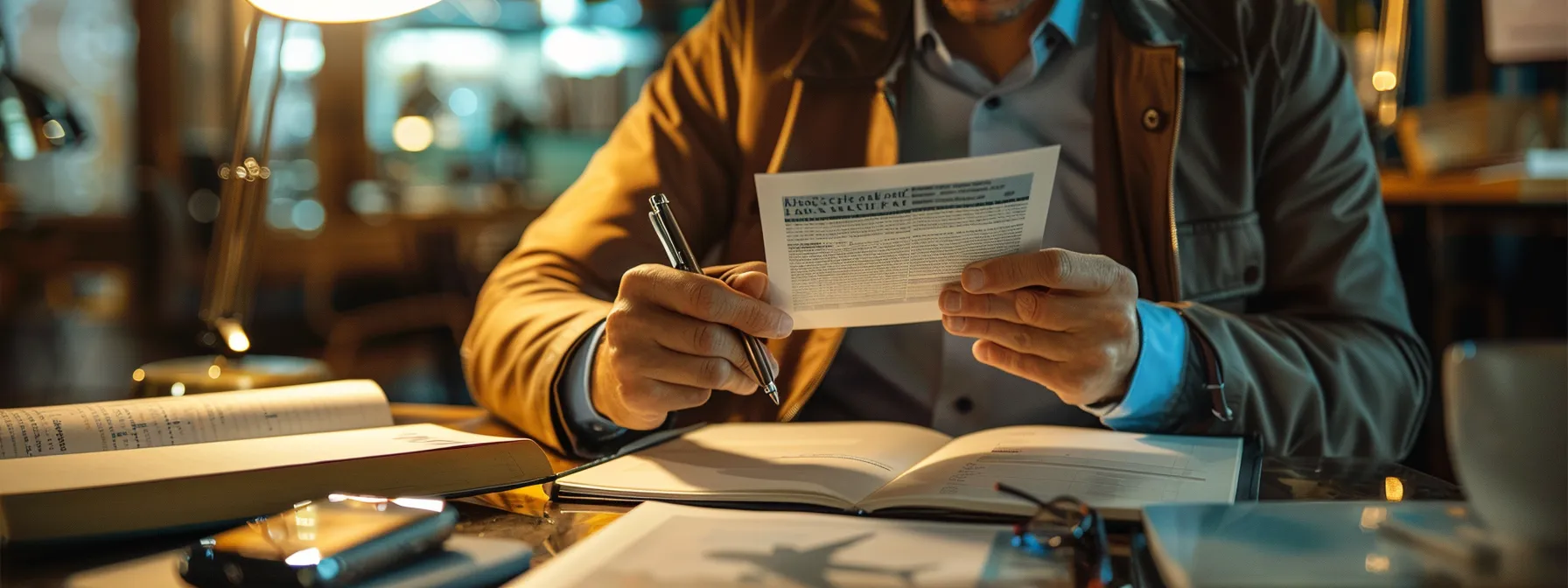 an applicant carefully reading and signing a cardholder agreement, surrounded by guidebooks on travel regulations and policy compliance.