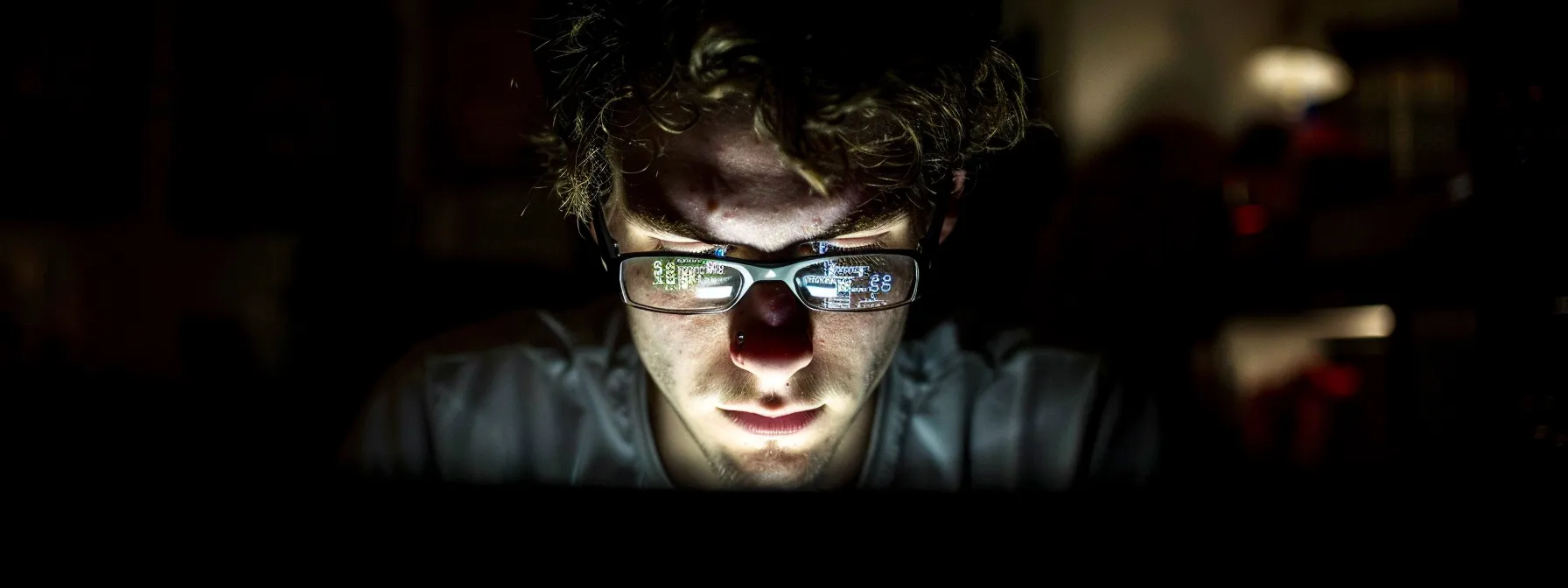 an intense hacker in a dark room, illuminated by a computer screen showing complex algorithms being cracked, highlighting the urgency of addressing vulnerabilities in hashing algorithms for blockchain security.