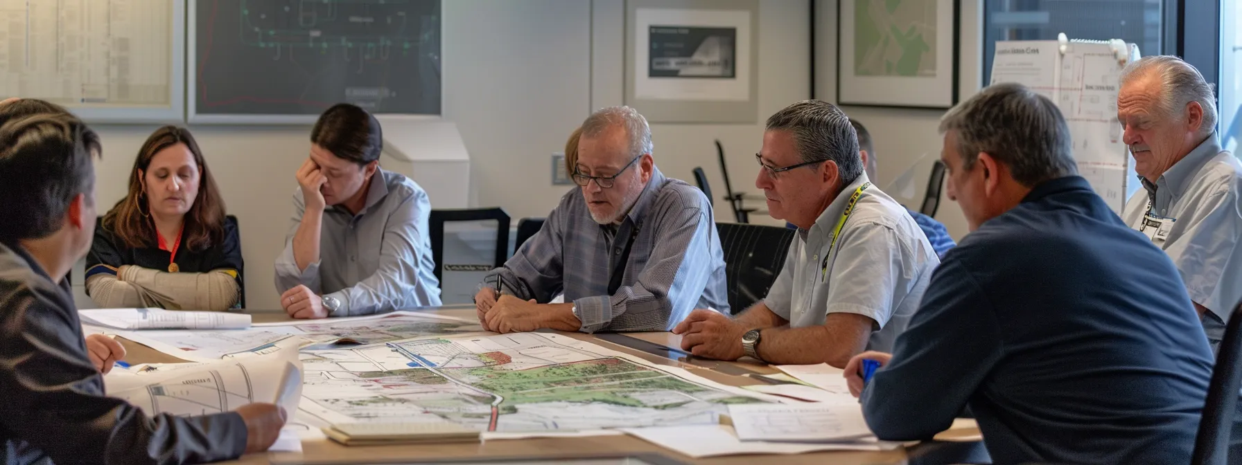 engineers, government officials, and community members collaborate around a table filled with blueprints and maps, planning sustainable infrastructure projects for a climate-resilient future.