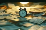 a clock surrounded by calendars, each page filled with the number of hours in a month.