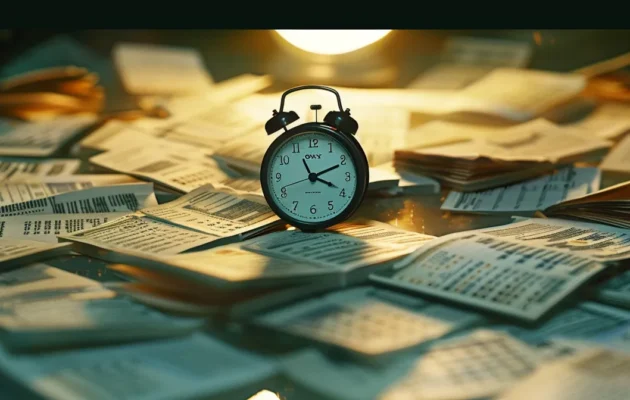 a clock surrounded by calendars, each page filled with the number of hours in a month.