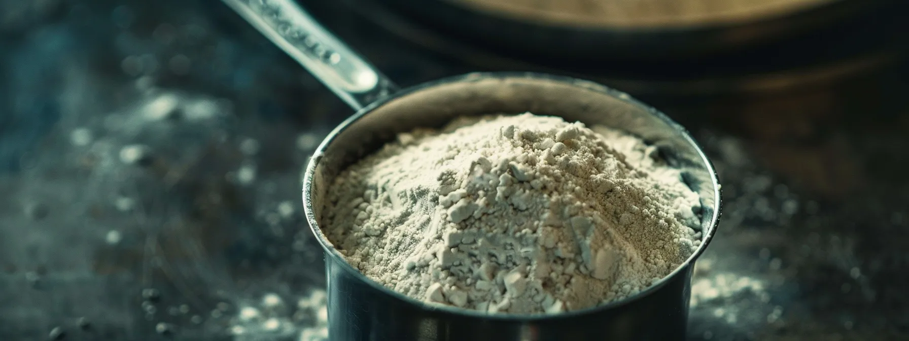 a close-up photo of a shiny stainless steel measuring cup filled with perfectly leveled flour, showcasing precision and accuracy in the kitchen.