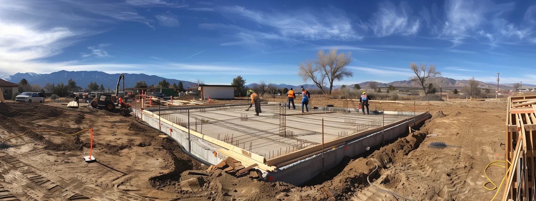 a construction site with a concrete slab foundation being poured, trusses being lifted into place, and workers busy with plumbing and electrical installations.