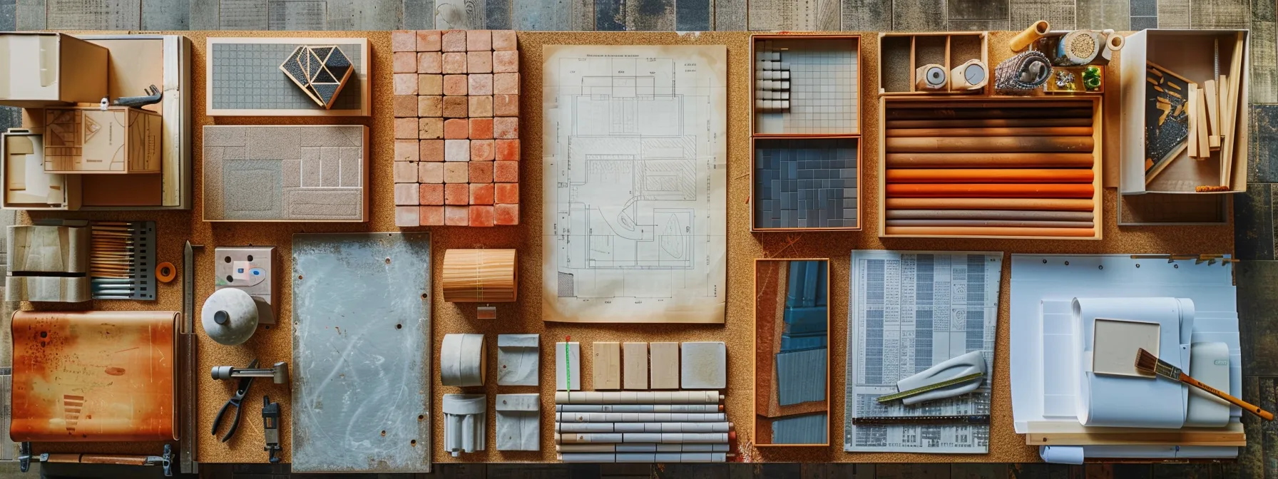 a diverse range of building materials, from sleek glass panels to rustic brick walls, displayed against a backdrop of a blueprint and construction tools.