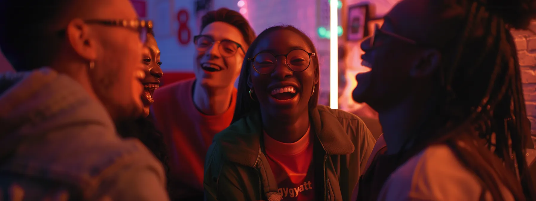 a group of diverse young adults laugh and chat animatedly, using the slang term 