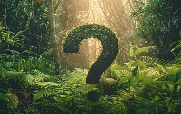 a lush, vibrant green forest with a giant question mark hovering over the trees.