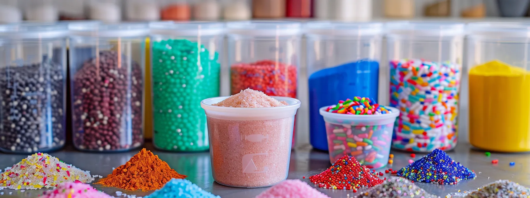 a measuring cup overflowing with colorful dry ingredients, surrounded by a variety of pint-sized containers labeled with metric measurements.