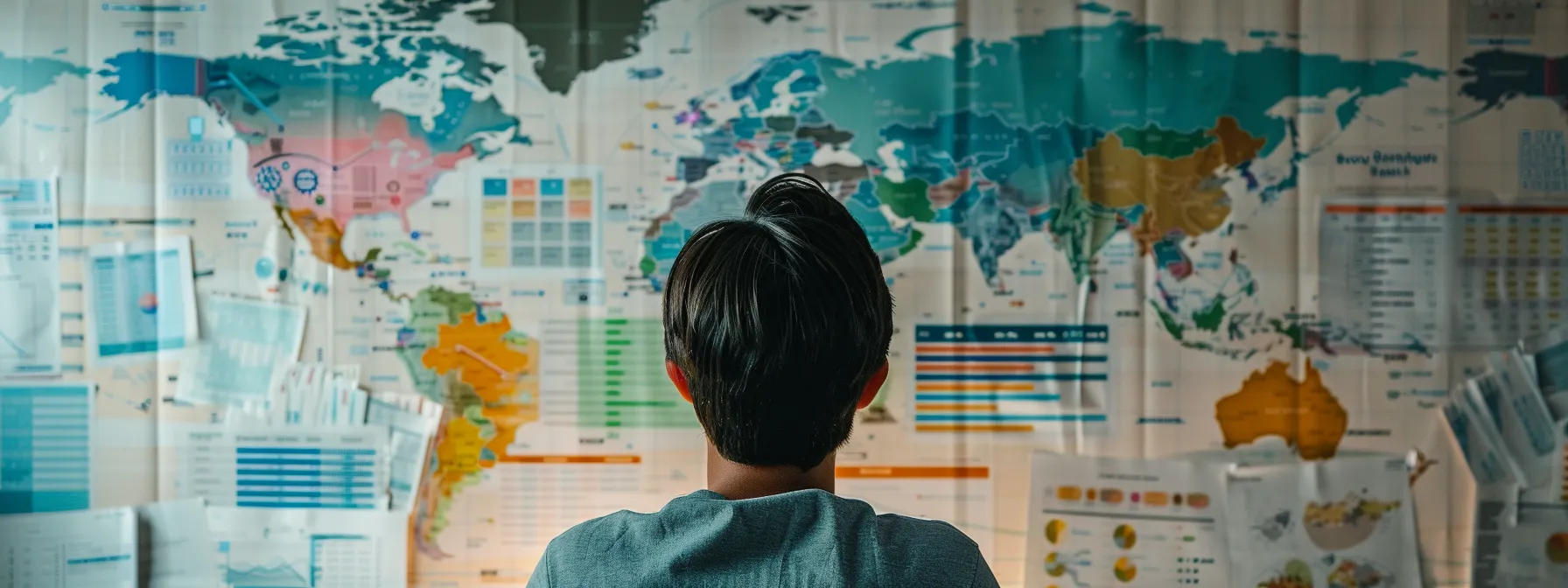 a person surrounded by a world map and charts, analyzing data and statistics related to the popularity of their name.