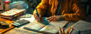 a person with a pen and notebook, surrounded by calendars and calculators, meticulously calculating monthly hours for precise project planning.