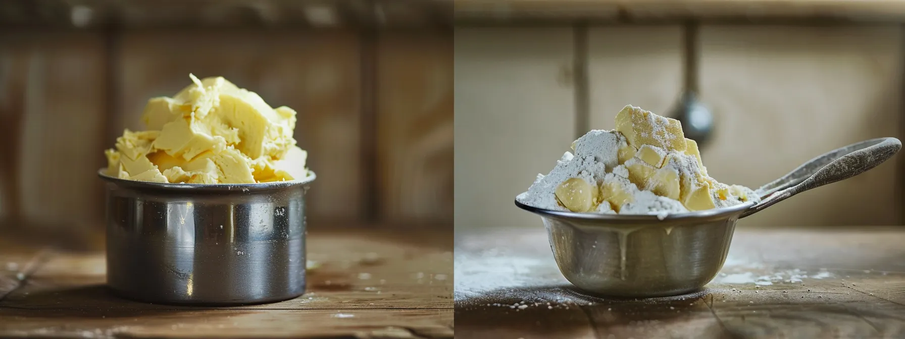 a shiny measuring cup filled with creamy butter sits next to a vintage pint jug, highlighting the importance of understanding cups and pints in precise cooking measurements.