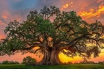 a towering, ancient oak tree standing tall against a vibrant sunset sky, symbolizing the passage of time and the grandeur of a century.