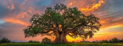 a towering, ancient oak tree standing tall against a vibrant sunset sky, symbolizing the passage of time and the grandeur of a century.