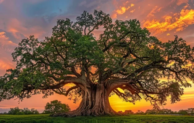 a towering, ancient oak tree standing tall against a vibrant sunset sky, symbolizing the passage of time and the grandeur of a century.