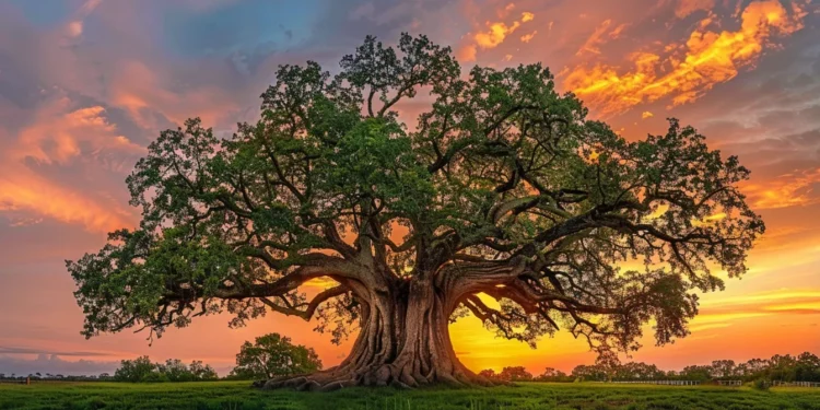 a towering, ancient oak tree standing tall against a vibrant sunset sky, symbolizing the passage of time and the grandeur of a century.