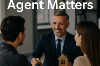 real estate agent at a table with clients.